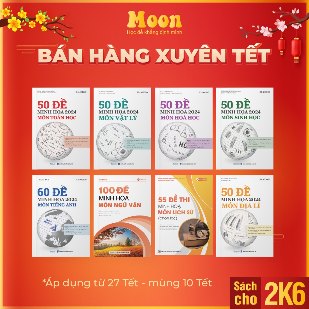 Sach bo de minh hoa on thi THPT 2024 mon Toan Ly Hoa Sinh Anh Van Su Dia Moonbook 2