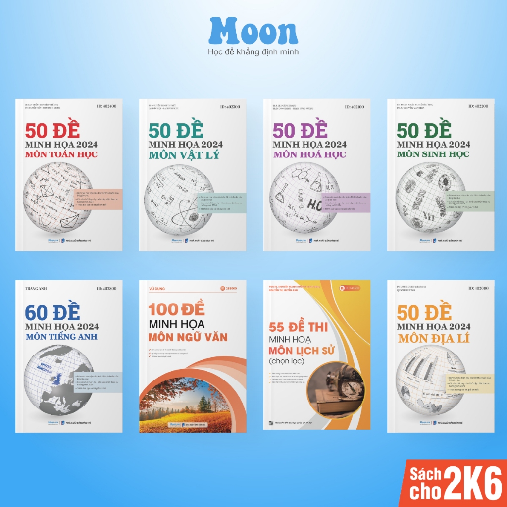 Sach bo de minh hoa on thi THPT 2024 mon Toan Ly Hoa Sinh Anh Van Su Dia Moonbook